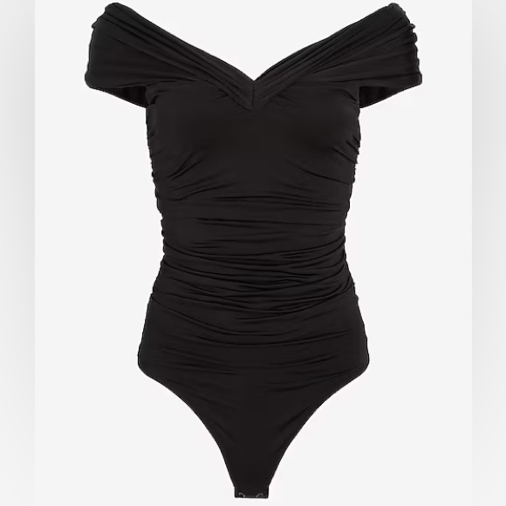 Body Contour Compression Silky Off The Shoulder Ruched Thong Bodysuit